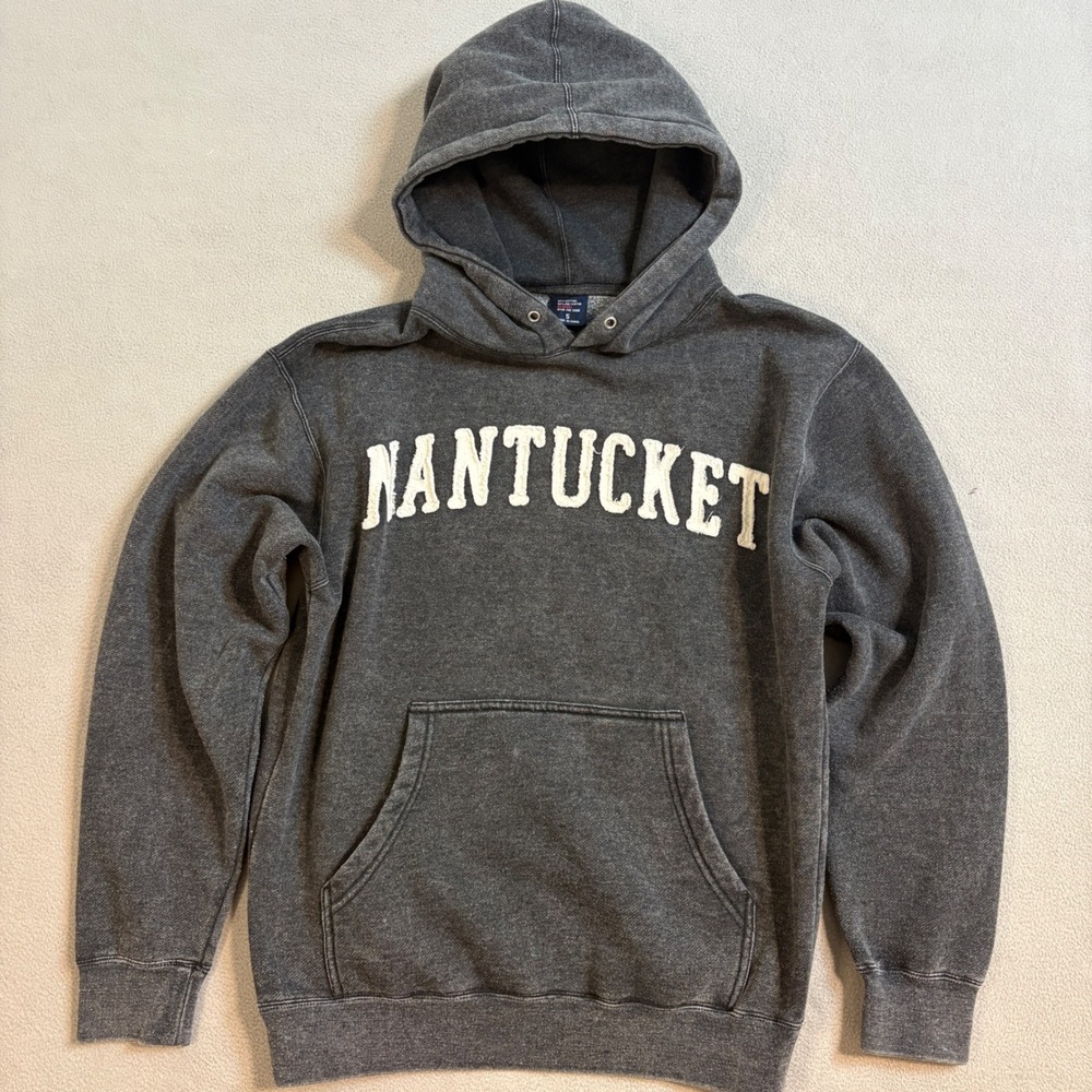 Nantucket Hoodie Men Small Gray Acid Wash Chenille Applique Pullover Sweatshirt